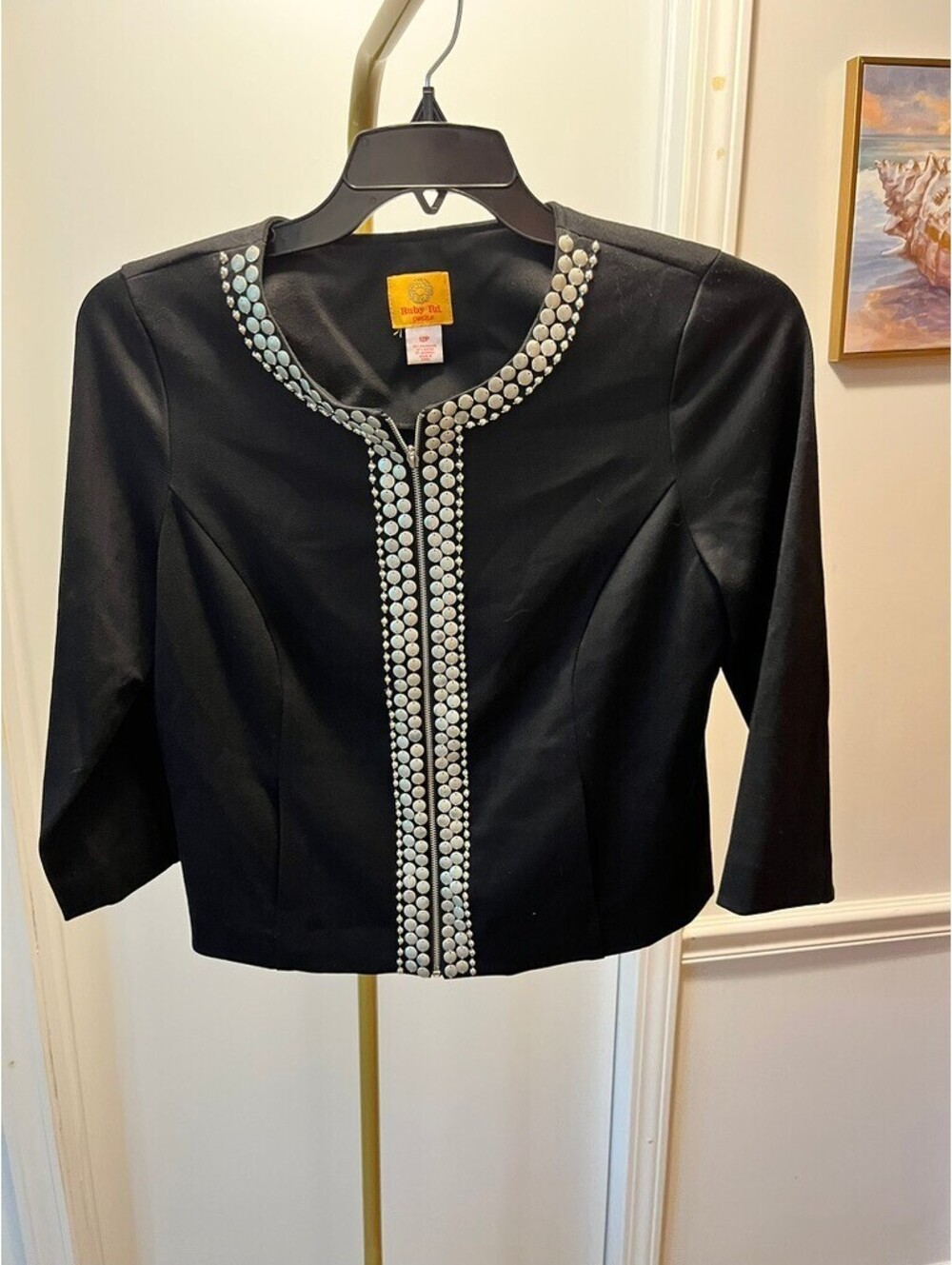 Ruby Rd Petite 12P Black Embellished Full Zip Jacket Cropped Silver Stud Beaded
